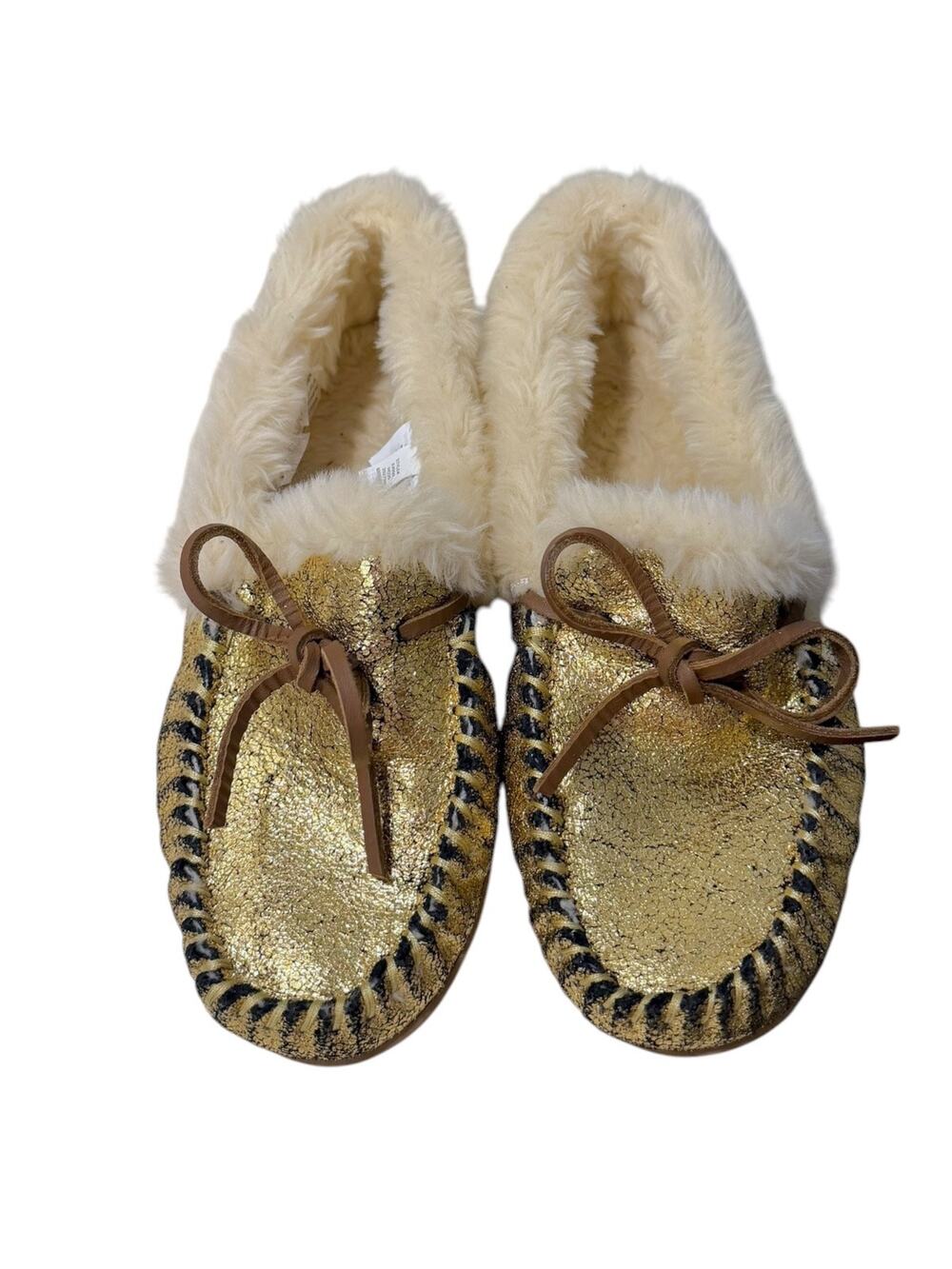 J. Crew Lodge Moccasin Slippers Women’s 8 Gold Crackled Metallic Suede Faux Fur